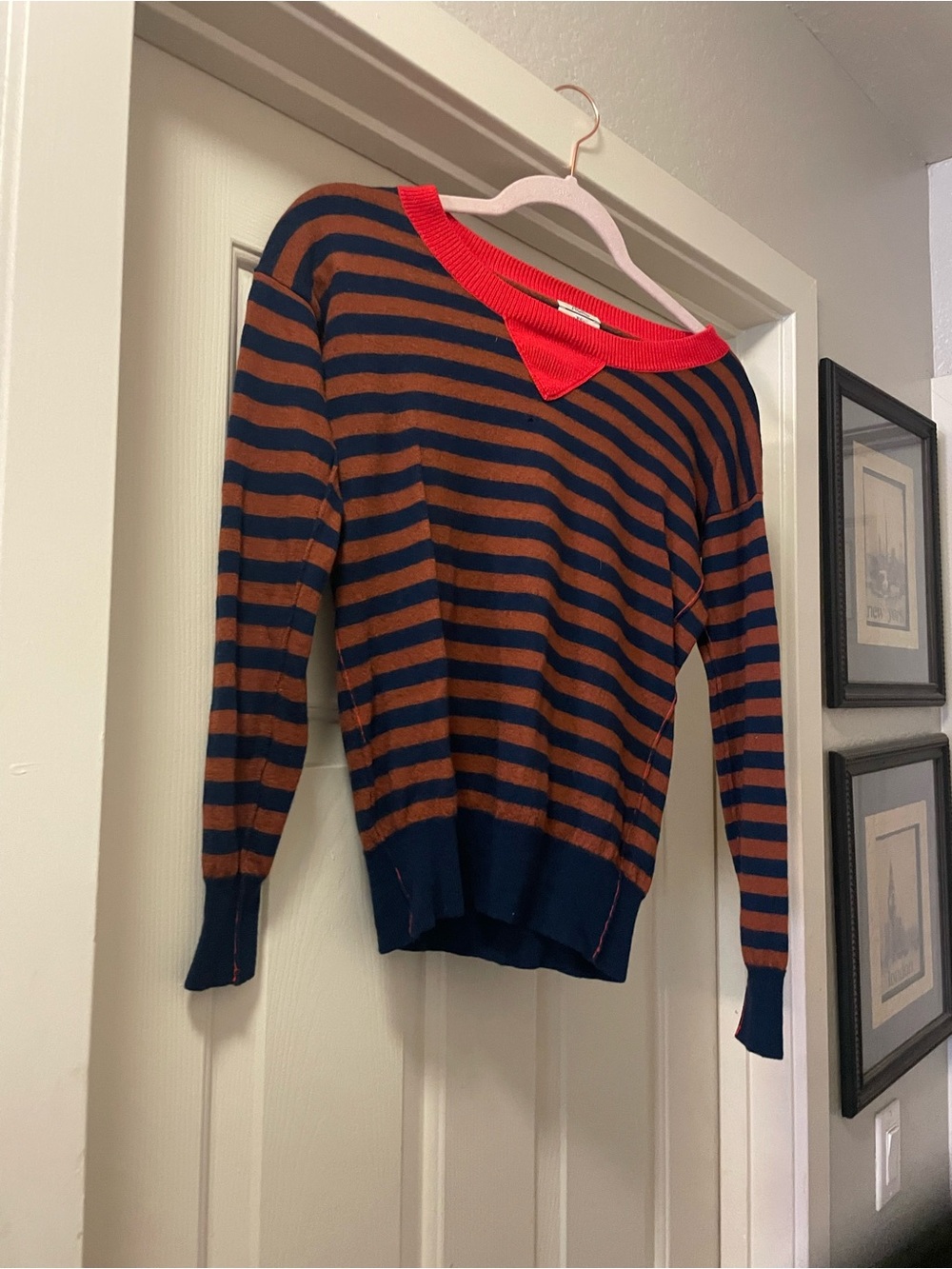 Striped Navy and Brown Crewneck Sweater with Red Trim
